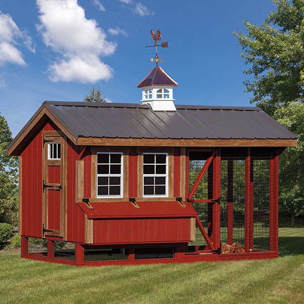 Lancaster Chicken Coop - red with stained wood trim and cupola